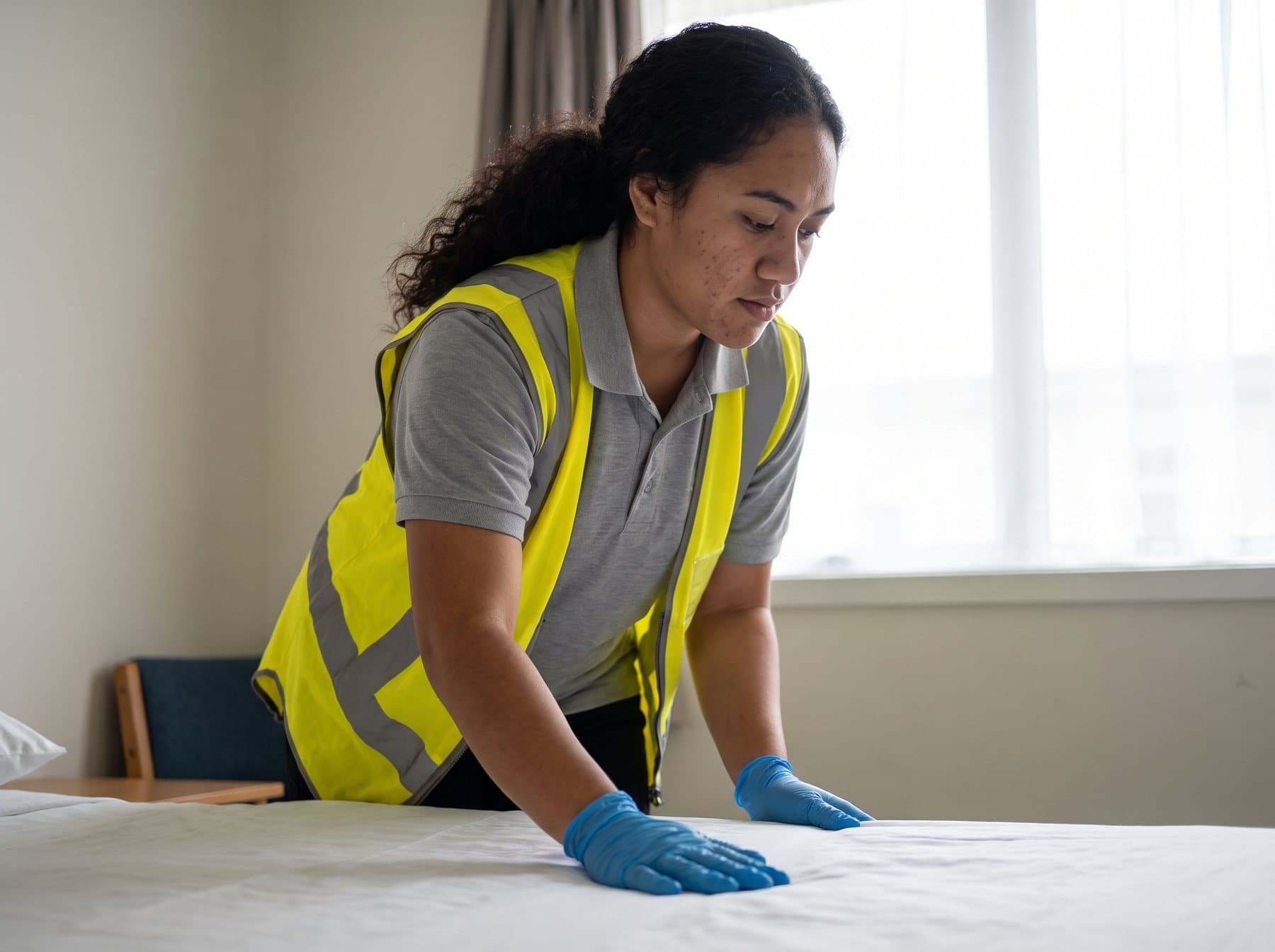 Cleaner making a bed with fresh white linen in a short-stay rental bedroom