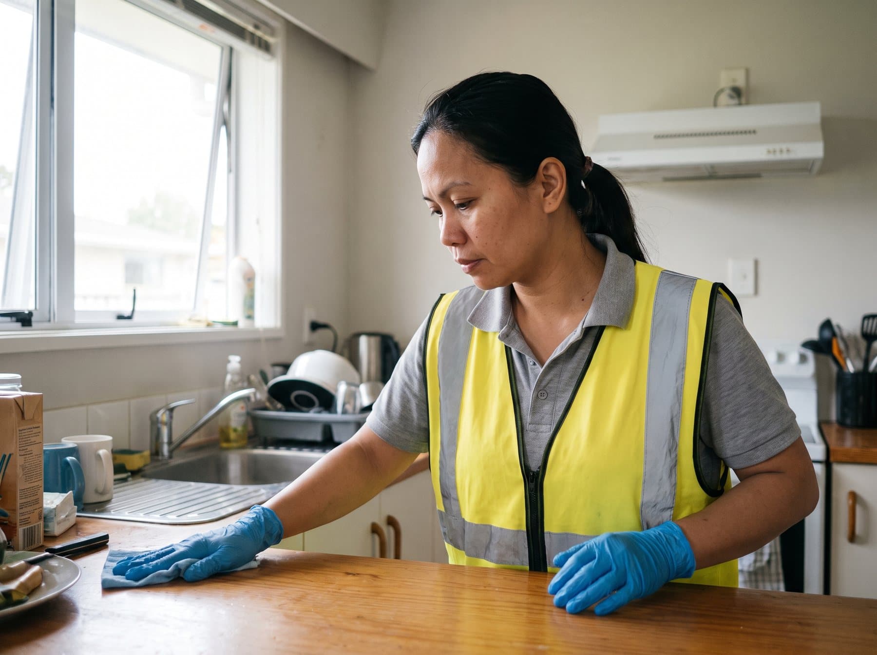 Cleaner in a high-visibility vest wiping a kitchen bench in a family home