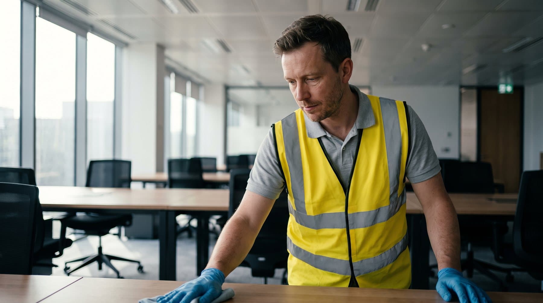 Cleaner in a high-visibility vest and gloves wiping down desks in an empty open-plan office