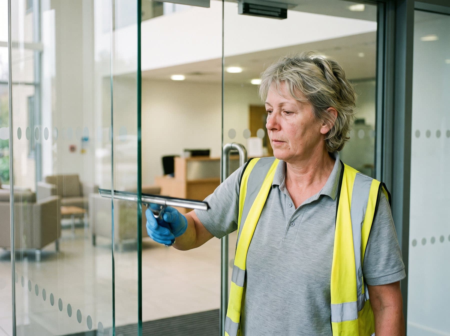 Cleaner in a high-visibility vest squeegeeing the glass entry door of an office reception