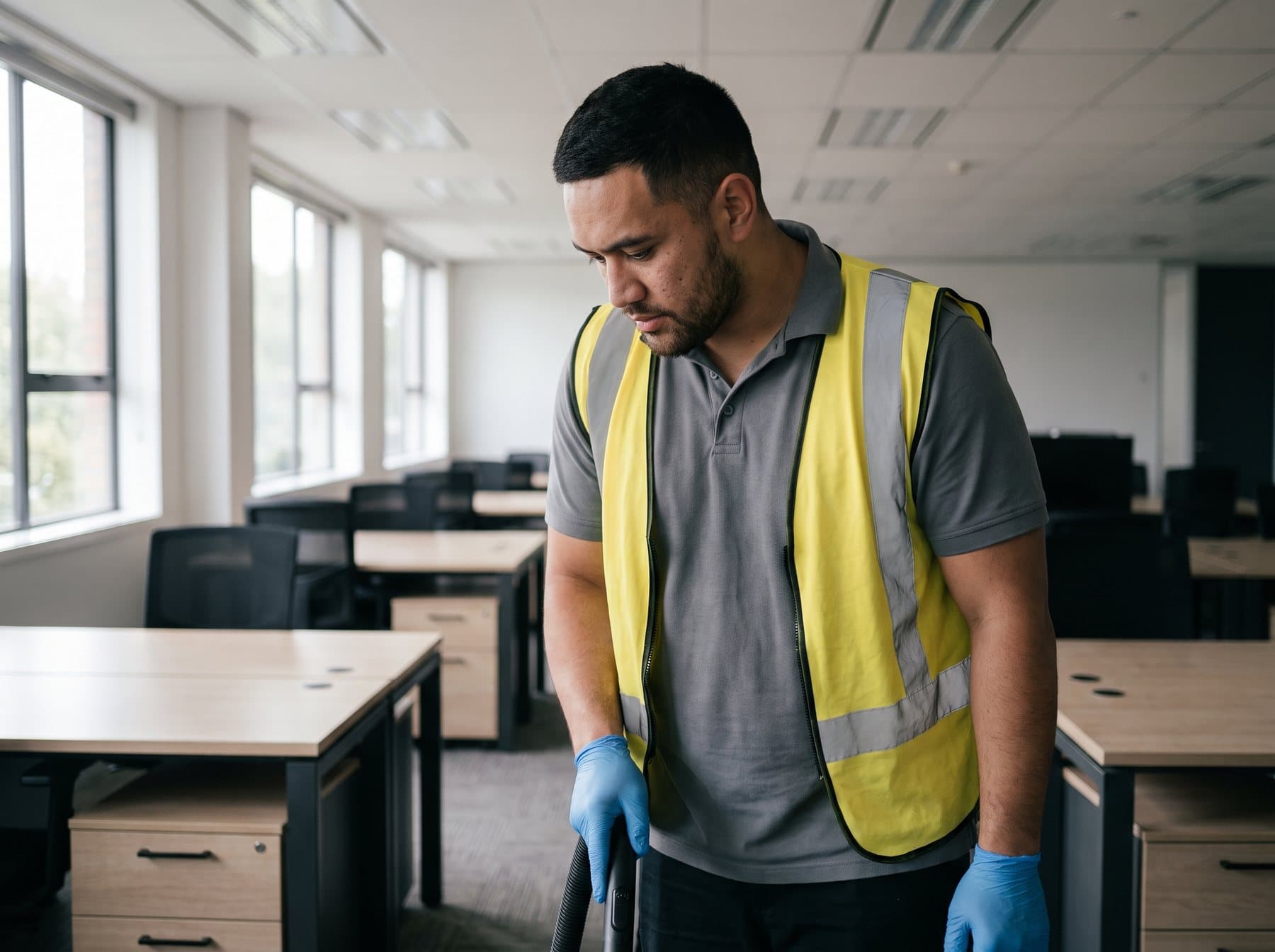 Cleaner in a high-visibility vest vacuuming carpet between desks in an open-plan office