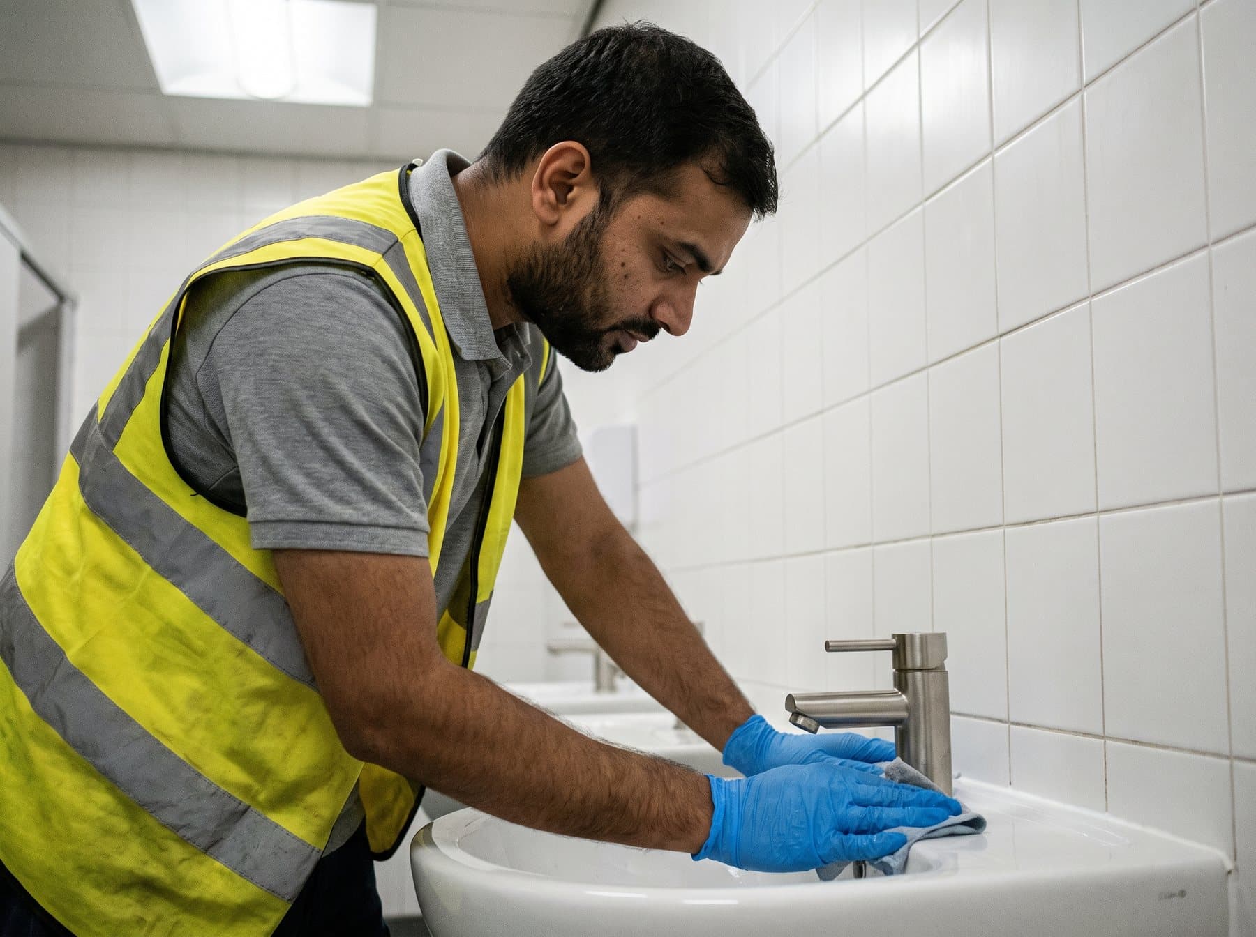 Cleaner in gloves wiping the basin and tap in a commercial washroom