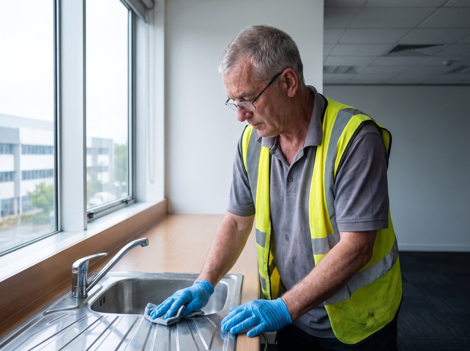Cleaner wiping down the bench in an office kitchenette