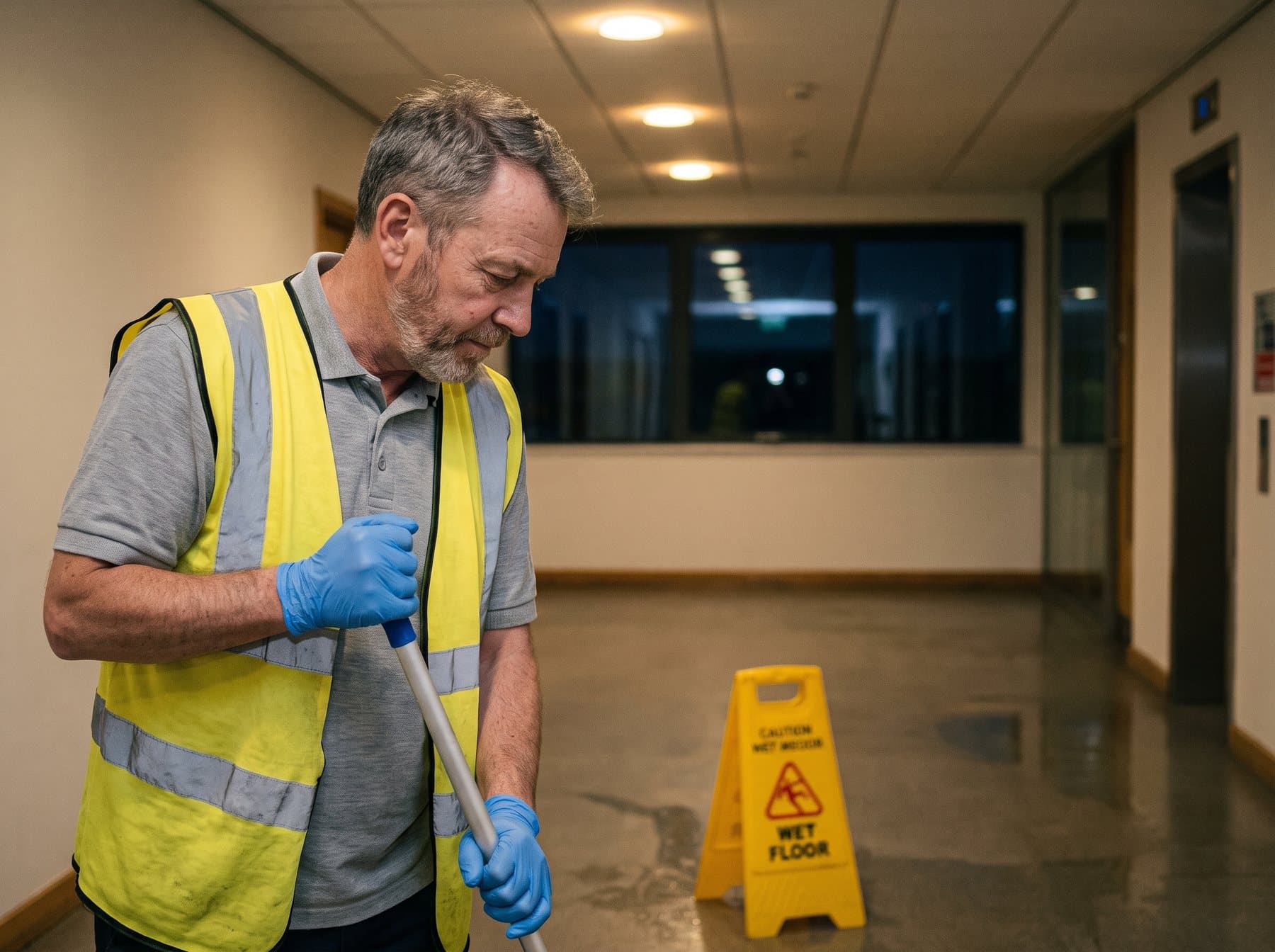 Cleaner mopping an office floor after hours beside a wet-floor cone
